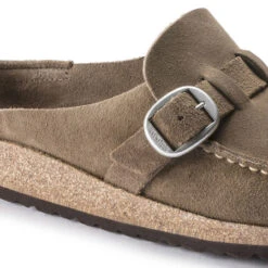 Women's Birkenstock Buckley Suede Leather Clog - Gray Taupe -Fashion Shoes Store womens birkenstock buckley clog 1019490 graytaupe closeup 36229.1624988397